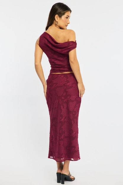 Red Maxi Skirt High Rise Textured Lined