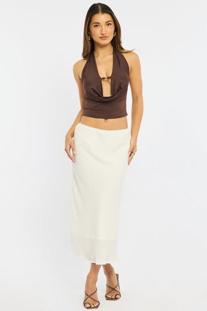 White Midi Skirt Mid Rise Chiffon Lined