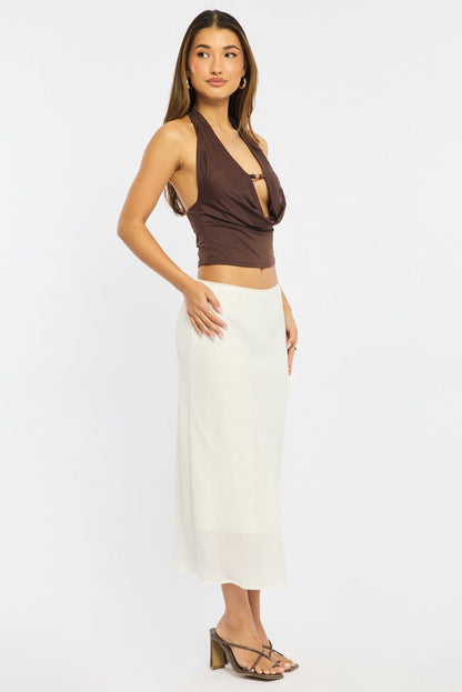 White Midi Skirt Mid Rise Chiffon Lined