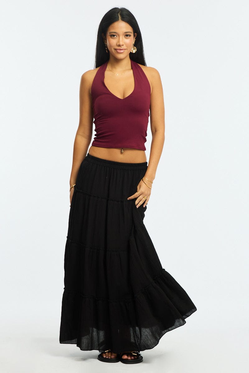 Black Midi Skirt Tiered High Rise Lined Textured Cotton