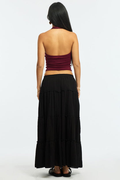 Black Midi Skirt Tiered High Rise Lined Textured Cotton