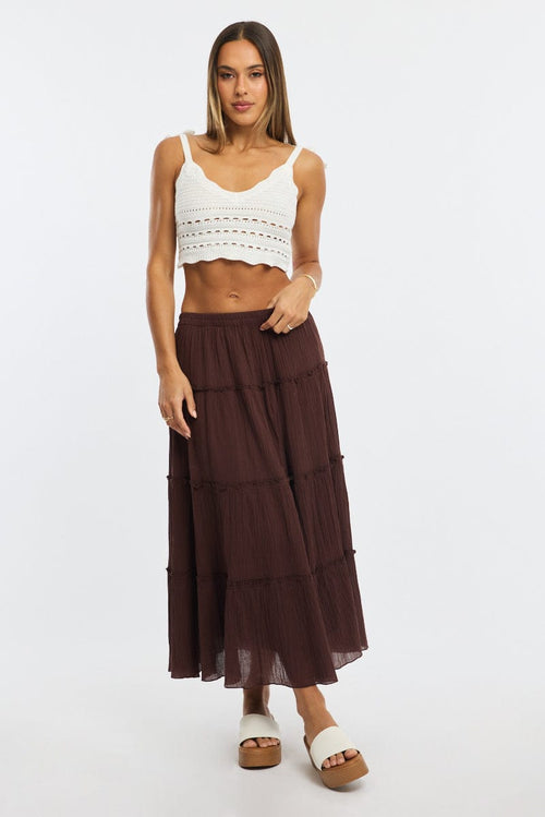 Brown Midi Skirt Tiered High Rise Lined Textured Cotton