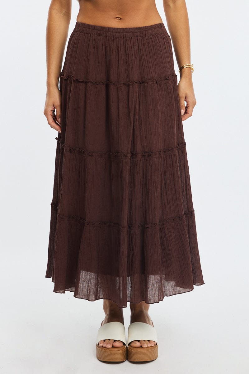 Brown Midi Skirt Tiered High Rise Lined Textured Cotton