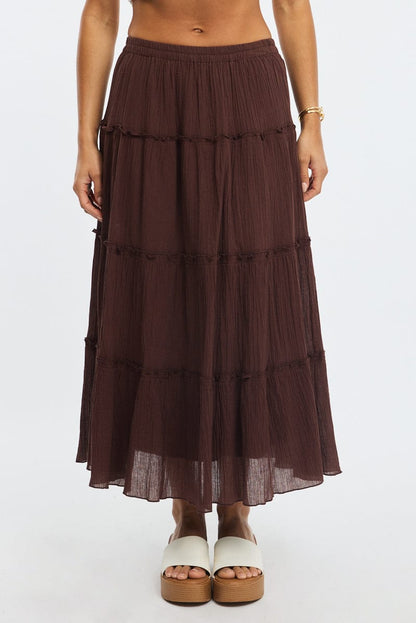 Brown Midi Skirt Tiered High Rise Lined Textured Cotton