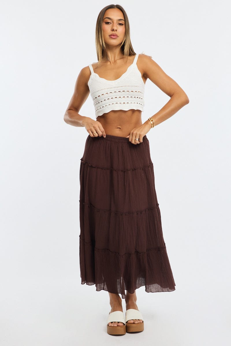 Brown Midi Skirt Tiered High Rise Lined Textured Cotton
