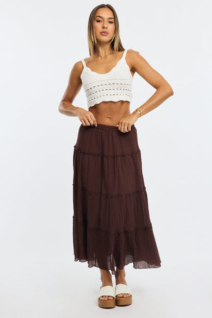 Brown Midi Skirt Tiered High Rise Lined Textured Cotton