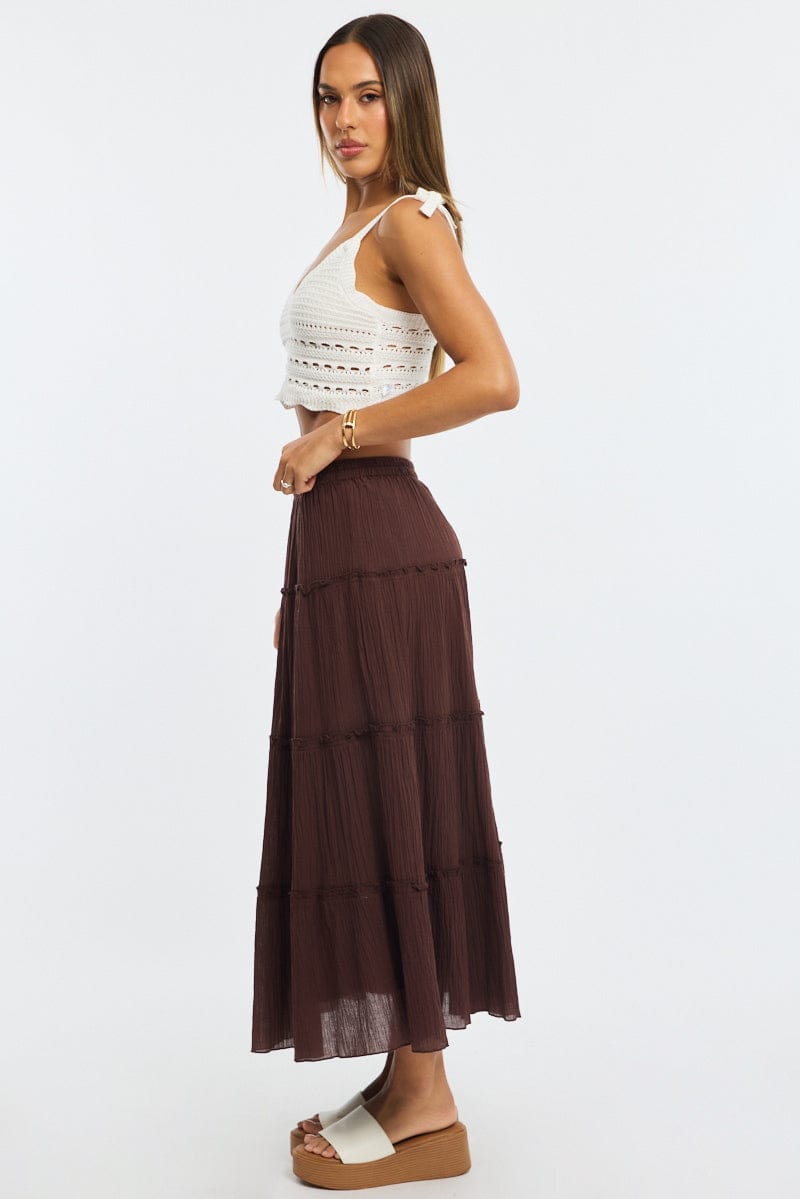 Brown Midi Skirt Tiered High Rise Lined Textured Cotton