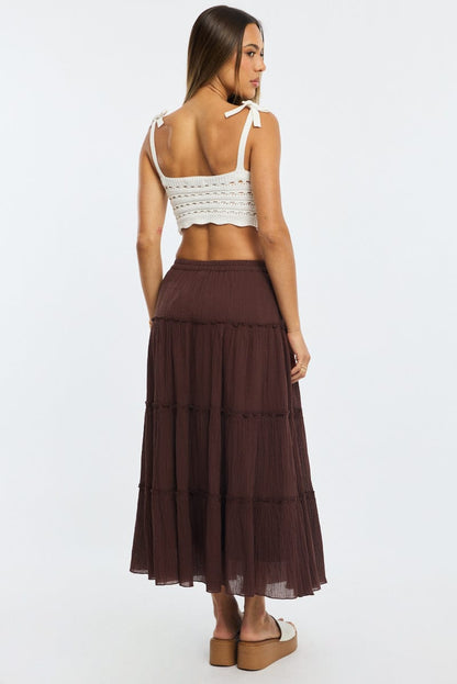 Brown Midi Skirt Tiered High Rise Lined Textured Cotton