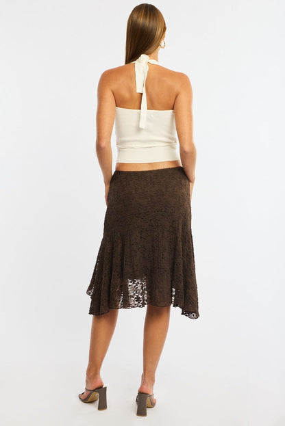 Brown Lace Midi Skirt Mid Rise Textured Lined