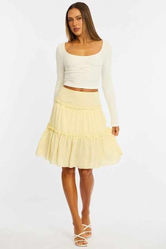 Yellow Tiered Midi Skirt Mid Rise Textured