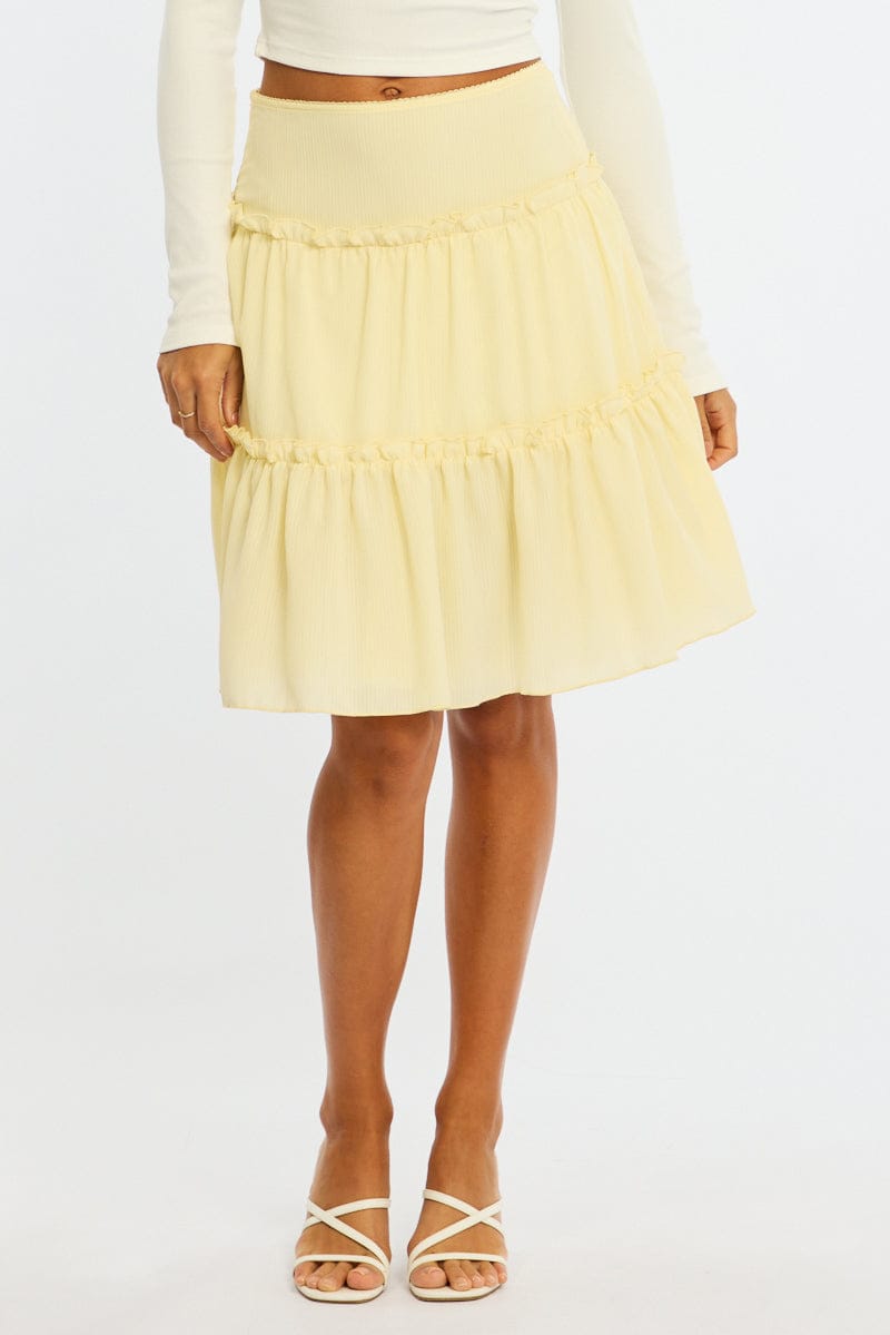 Yellow Tiered Midi Skirt Mid Rise Textured