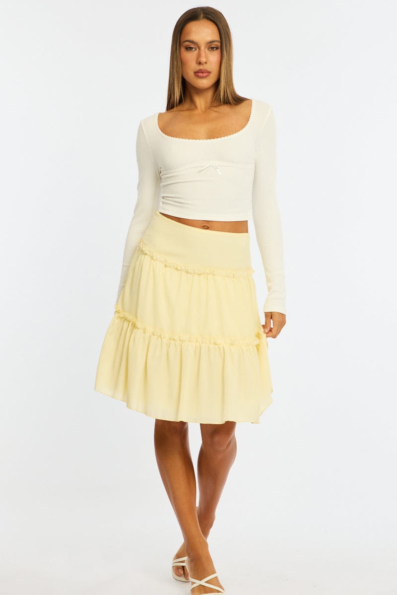 Yellow Tiered Midi Skirt Mid Rise Textured