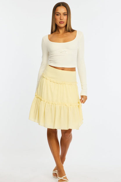 Yellow Tiered Midi Skirt Mid Rise Textured