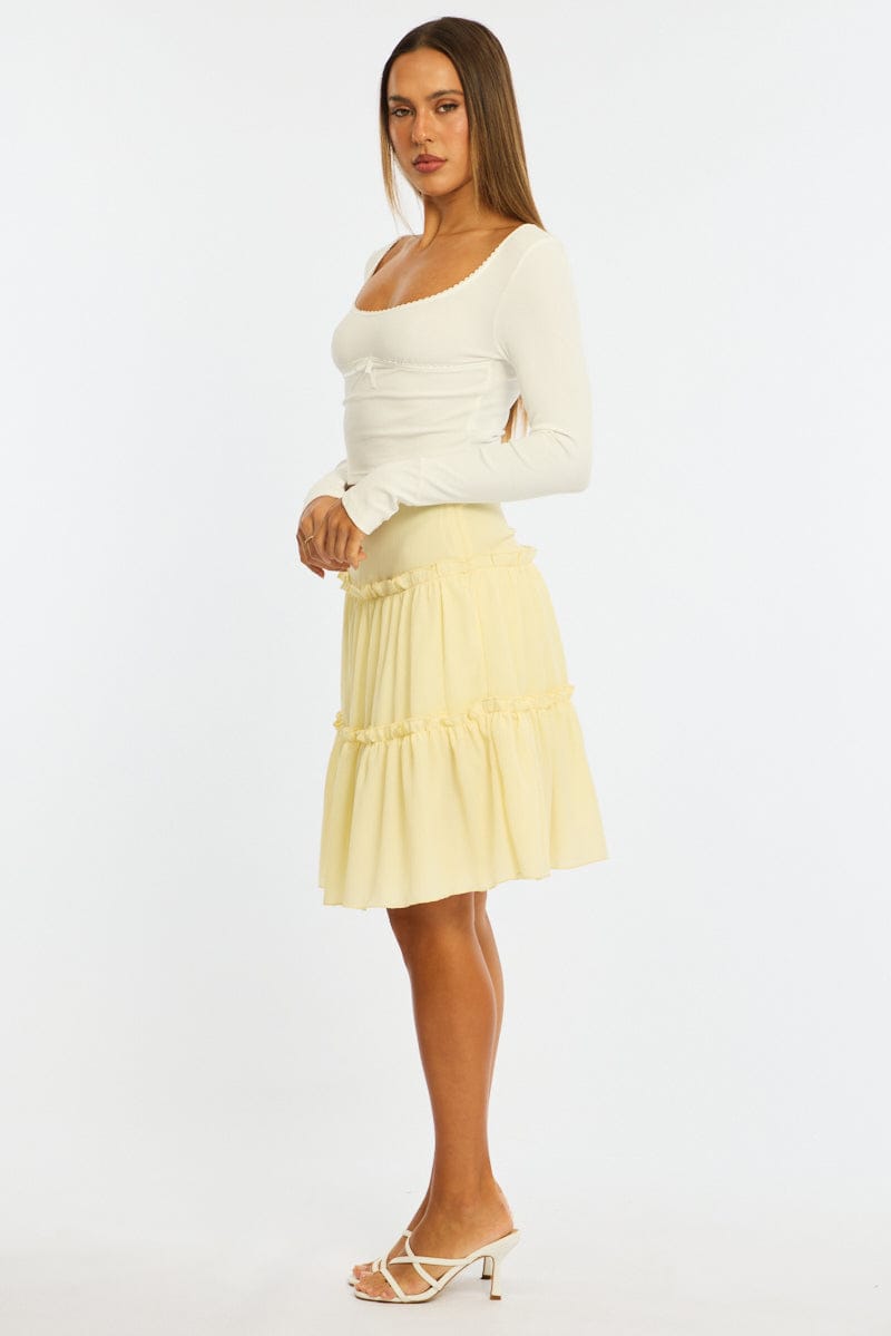 Yellow Tiered Midi Skirt Mid Rise Textured