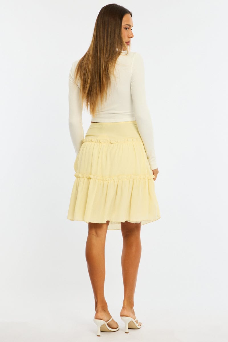 Yellow Tiered Midi Skirt Mid Rise Textured