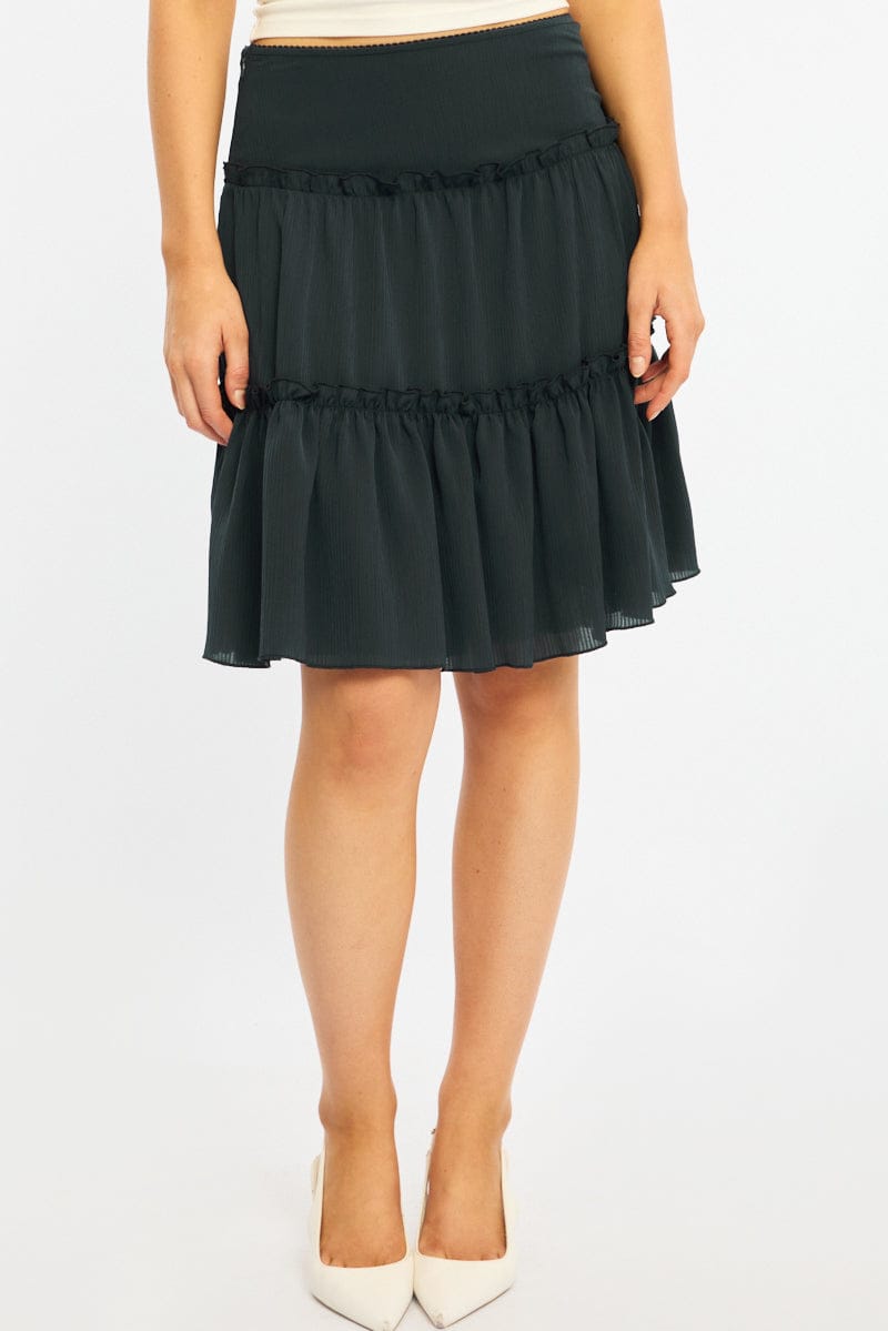 Blue Tiered Midi Skirt Mid Rise Textured