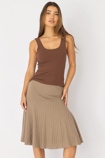 Brown Midi Skirt Elastic Waist Jacquard Rib Knit Lined