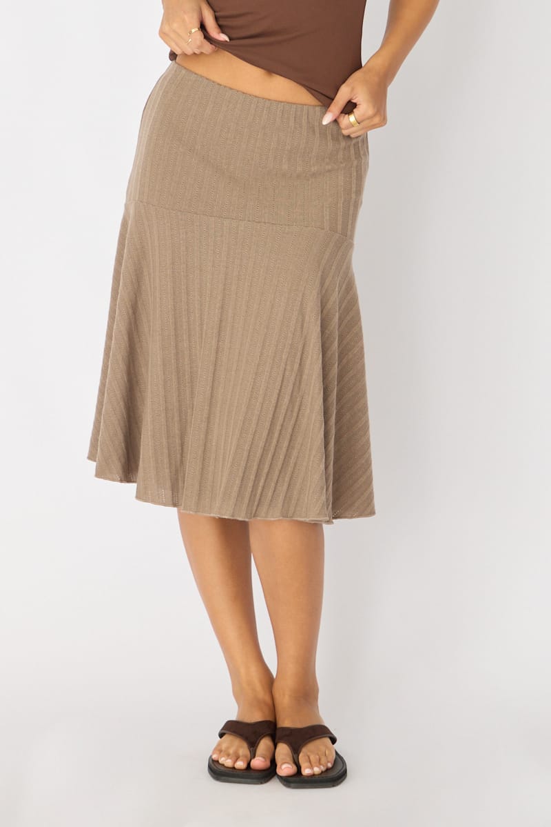 Brown Midi Skirt Elastic Waist Jacquard Rib Knit Lined