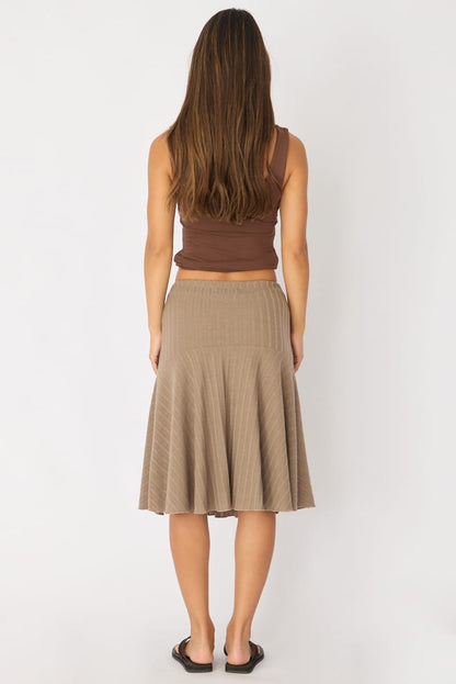 Brown Midi Skirt Elastic Waist Jacquard Rib Knit Lined