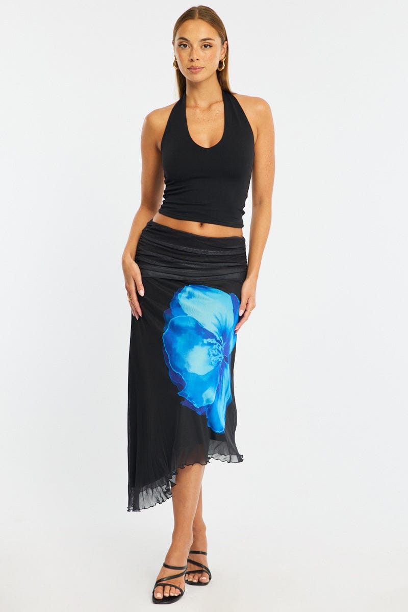 Blue Floral Scarf Hem Midi Skirt Elastic Waist Placement Print
