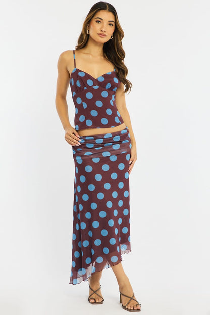 Brown Polka Dot Scarf Hem Midi Skirt Elastic Waist