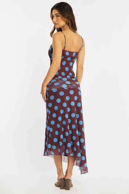Brown Polka Dot Scarf Hem Midi Skirt Elastic Waist