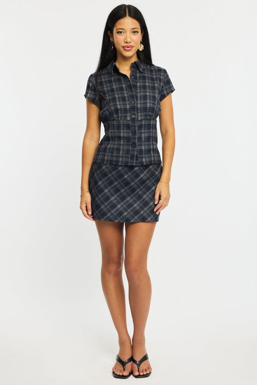 Blue Check Mini Skort Skirt Mid Rise A-line Shorts Lined