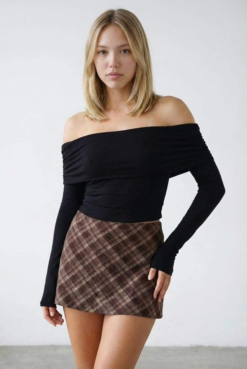 Brown Check Mini Skort Skirt Mid Rise A-line Shorts Lined