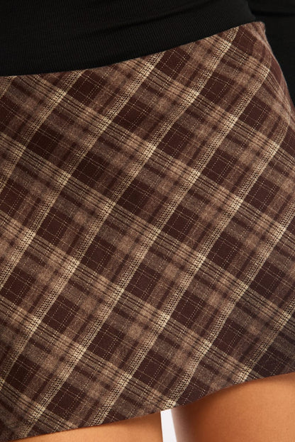 Brown Check Mini Skort Skirt Mid Rise A-line Shorts Lined