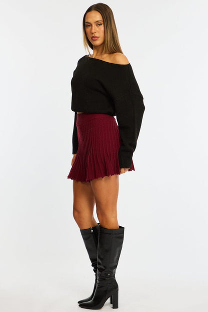 Red Knit Skort Skirt High Waisted Shorts Pleated