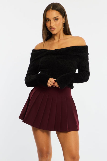 Red Pleated Skirt Mid Rise Longline