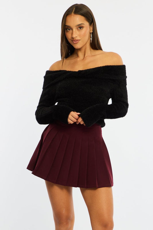 Red Pleated Skirt Mid Rise Longline