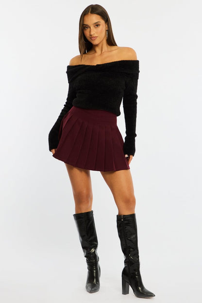 Red Pleated Skirt Mid Rise Longline