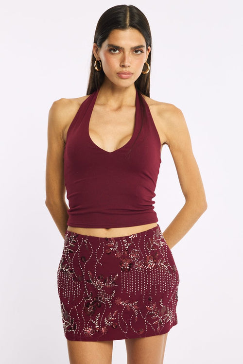 Red Sequins Mini Skirt Mid Rise Lined
