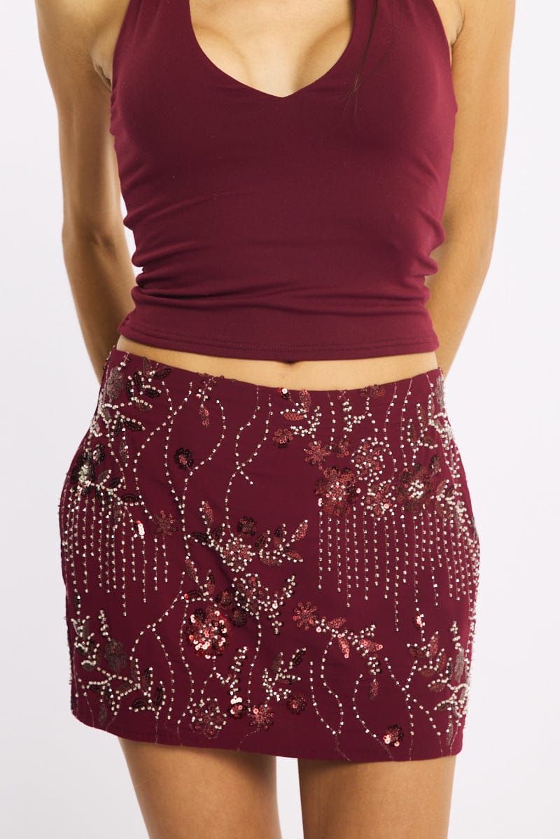 Red Sequins Mini Skirt Mid Rise Lined