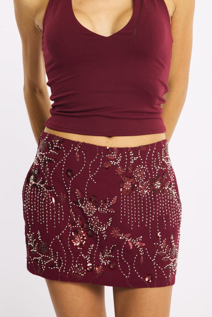 Red Sequins Mini Skirt Mid Rise Lined
