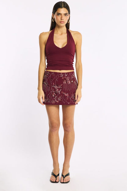 Red Sequins Mini Skirt Mid Rise Lined